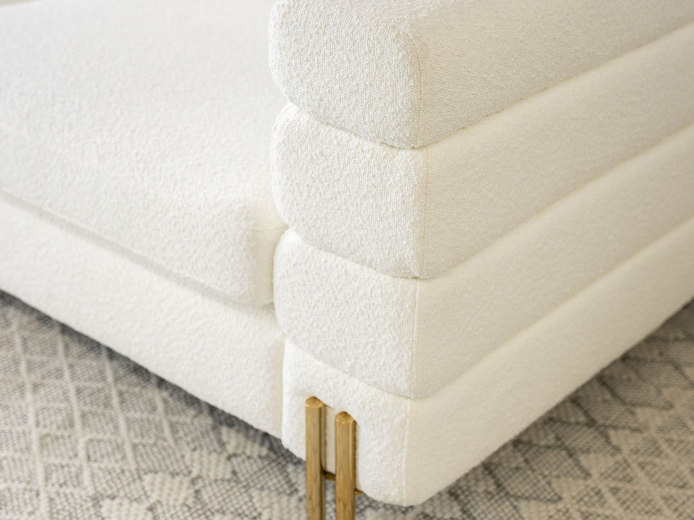 white boucle bolstered sofa modern deco gold legs