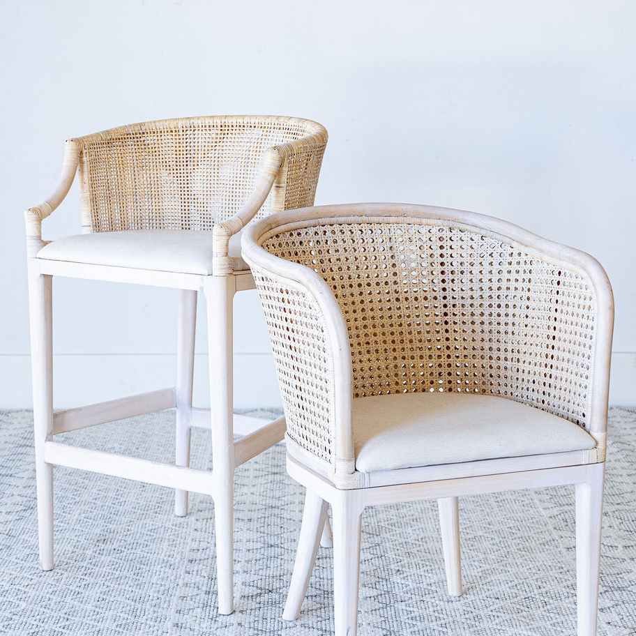 Whitewash wood rattan barstool ivory linen sear pairs with chair
