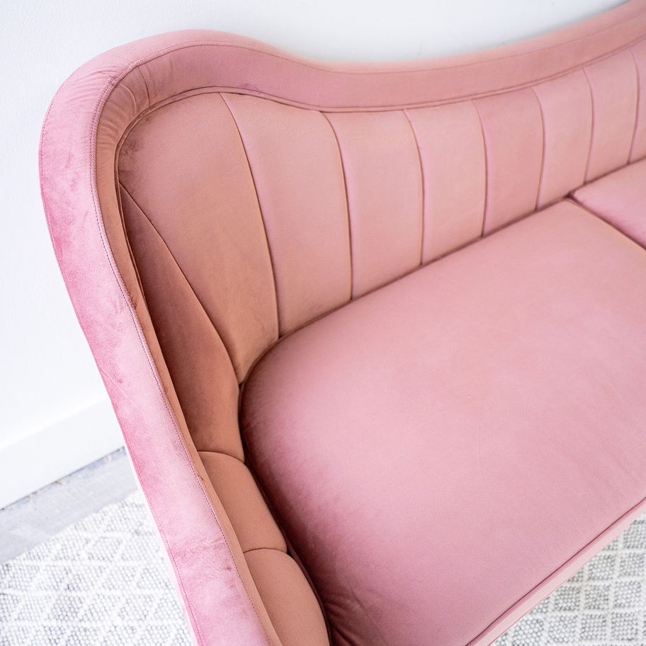 Mauve velvet tufted sofa midcentury art deco top view