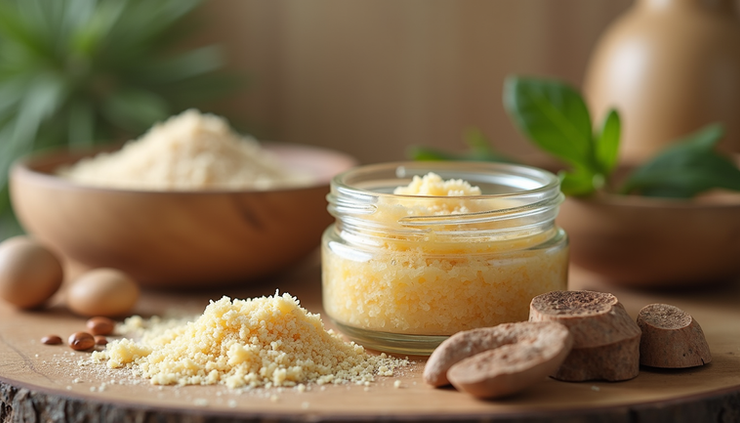 Close-up of a jar of organic body scrub with natural ingredients around it