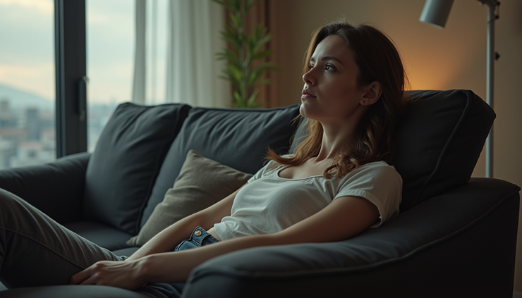 Eye-level view of a person slouching on a couch with rounded shoulders