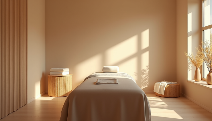 Eye-level view of a serene spa room with a massage table and soft lighting