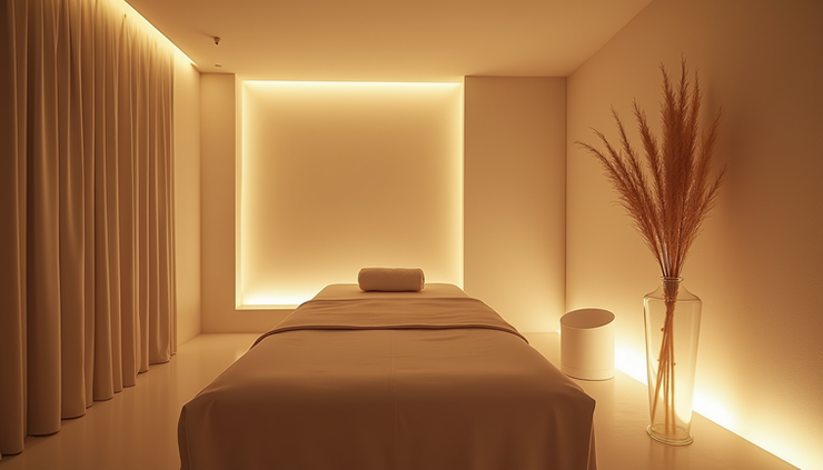 Eye-level view of a peaceful massage room with a comfortable table and soft lighting