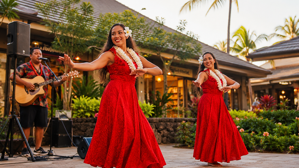 Hula dancers in red dresses performing at Poipu Shopping Village in Kauai, with live guitar music, palm trees, and tropical shops in the background.