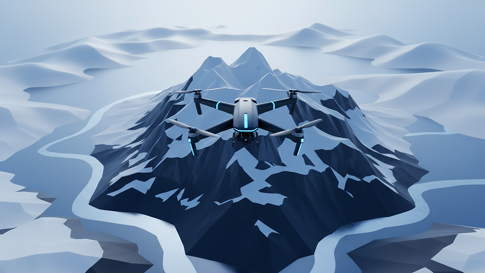 High angle view of a drone flying over a mountain landscape