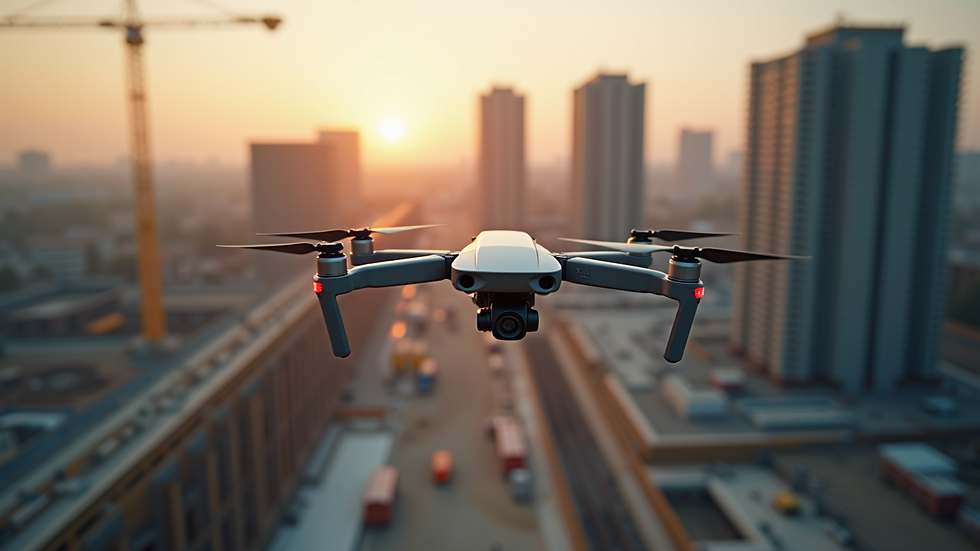 Wide angle view of a drone capturing construction progress over a site
