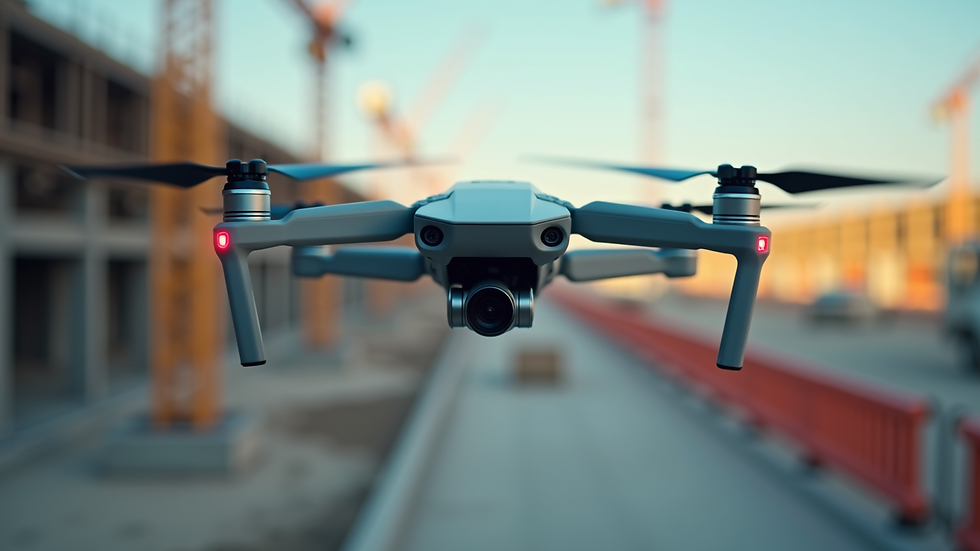 Eye-level view of a drone inspecting a construction site for safety measures