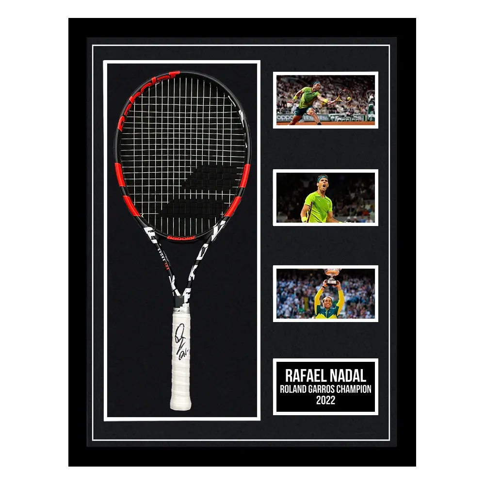 Raquette tennis Babolat signée par Rafael Nadal et encadrée Roland Garros