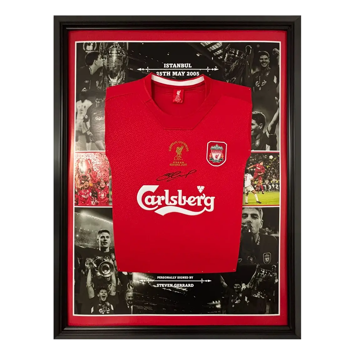 Maillot Liverpool 2005 Champions League signé par Steven Gerrard et encadré