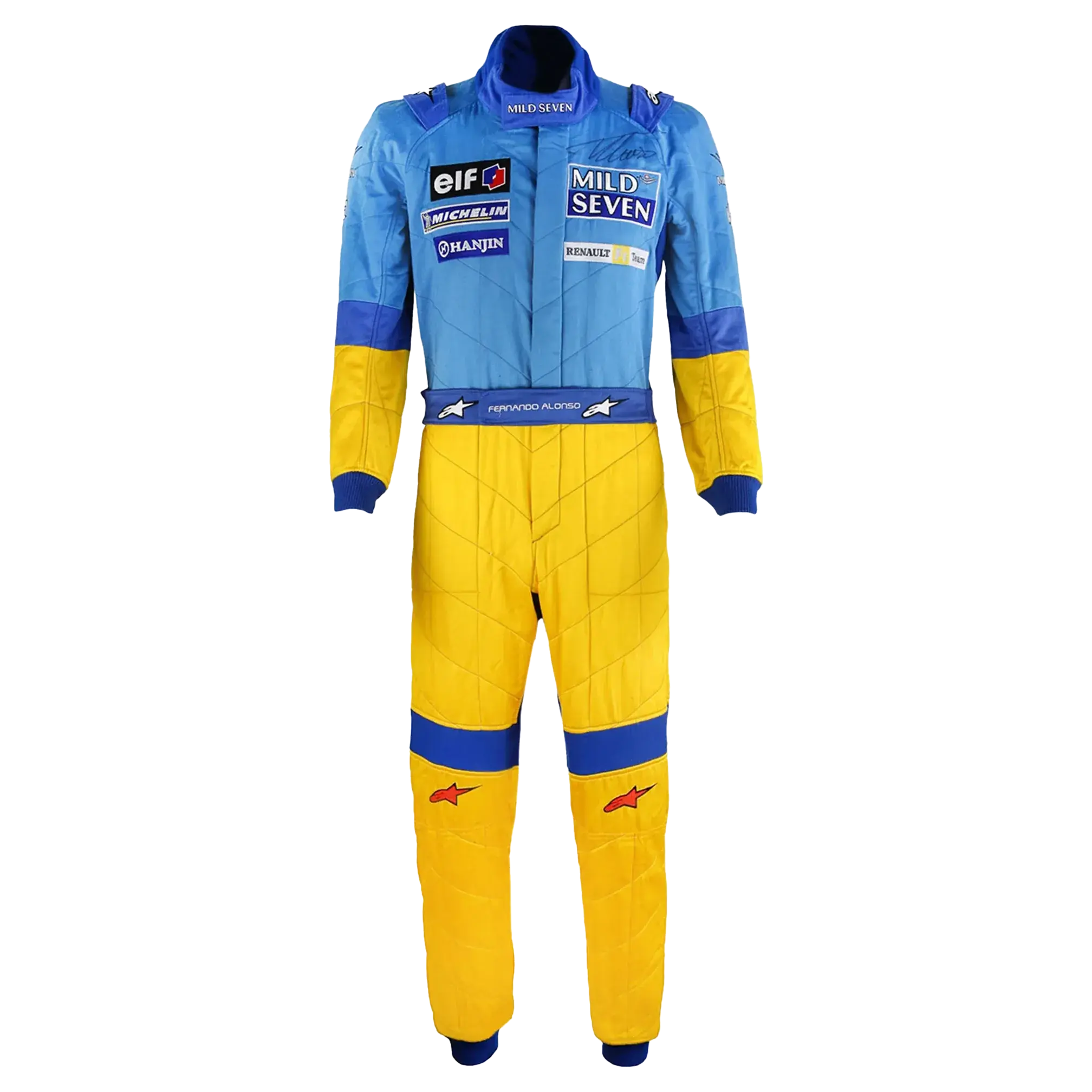 Combinaison F1 Formule 1 Mild Renault 2002 portée et signée par Fernando Alonso