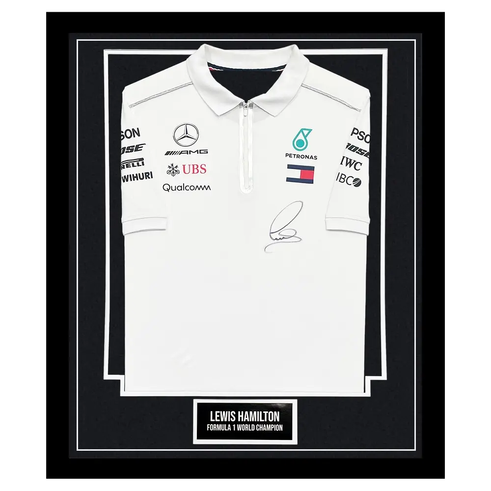 Polo F1 Formule 1 Mercedes AMG Petronas 2018 signé par Lewis Hamilton encadré