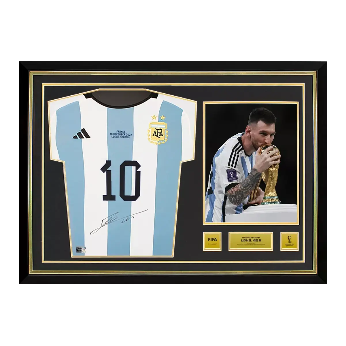Maillot Argentine 2022 finale signé par Lionel Messi et encadré FIFA Officiel