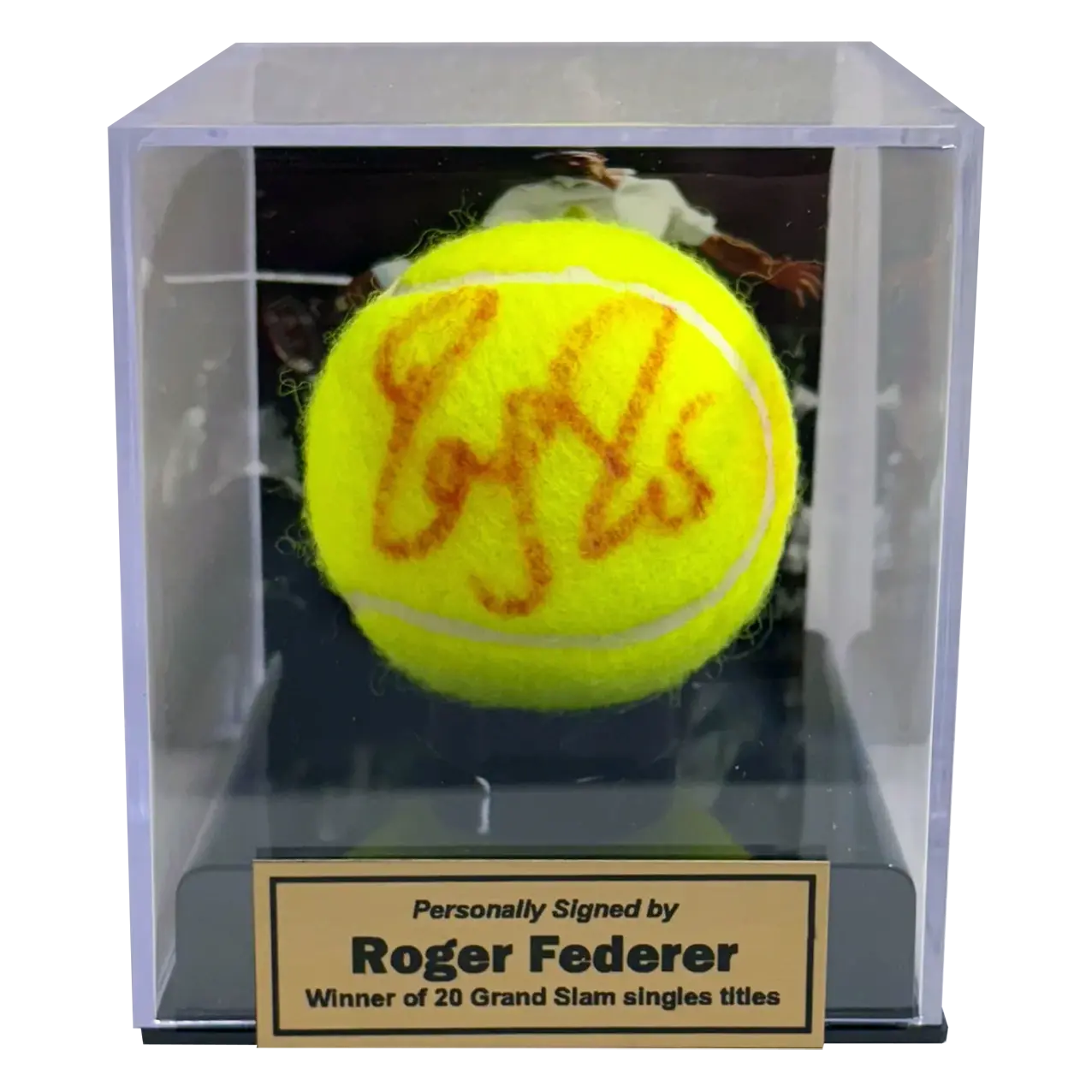 Balle tennis signée par Roger Federer et sous vitrine