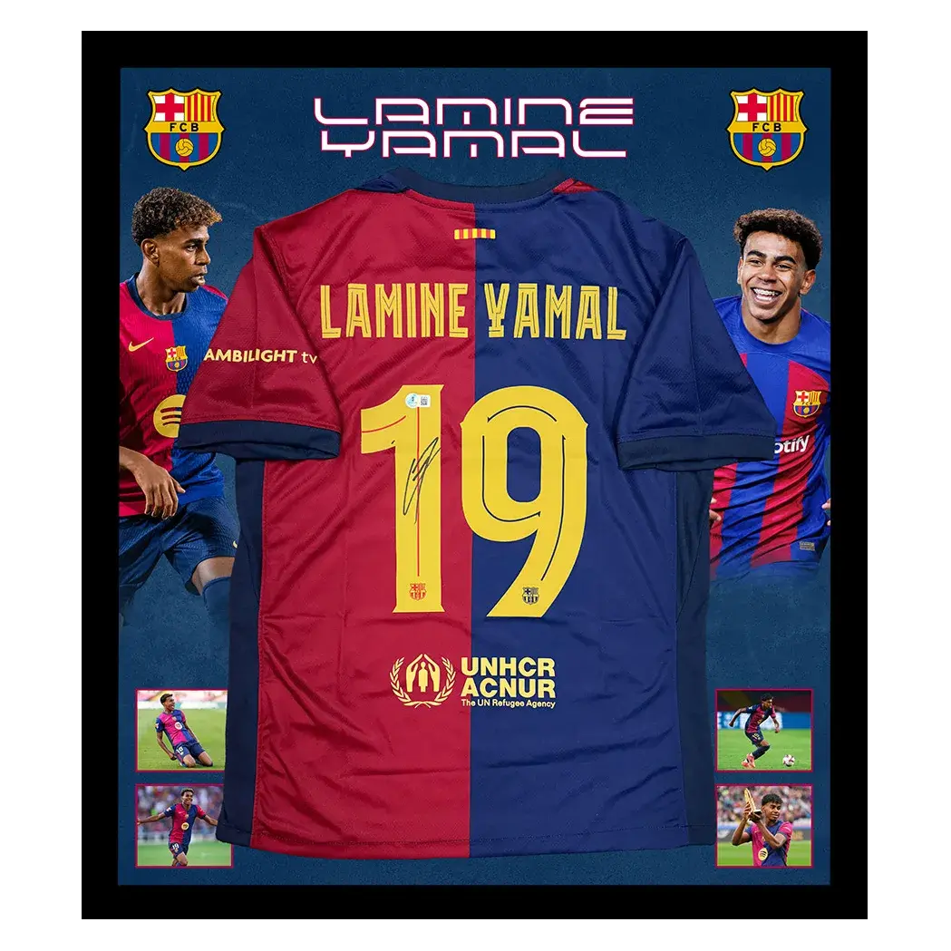 Maillot FC Barcelone 2025 Champions League signé par Lamine Yamal et encadré