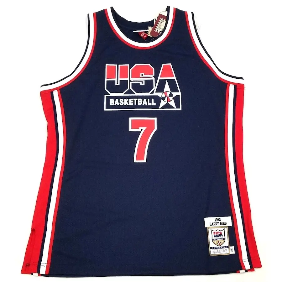 Miniature : Maillot Dream Team USA JO 1992 authentic bleu avec empreinte signé Larry Bird