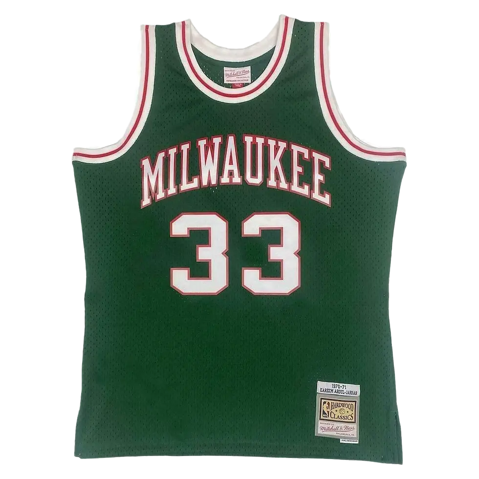 Miniature : Maillot NBA Milwaukee Bucks 1971 Away swingman signé & dédicacé par Abdul Jabbar