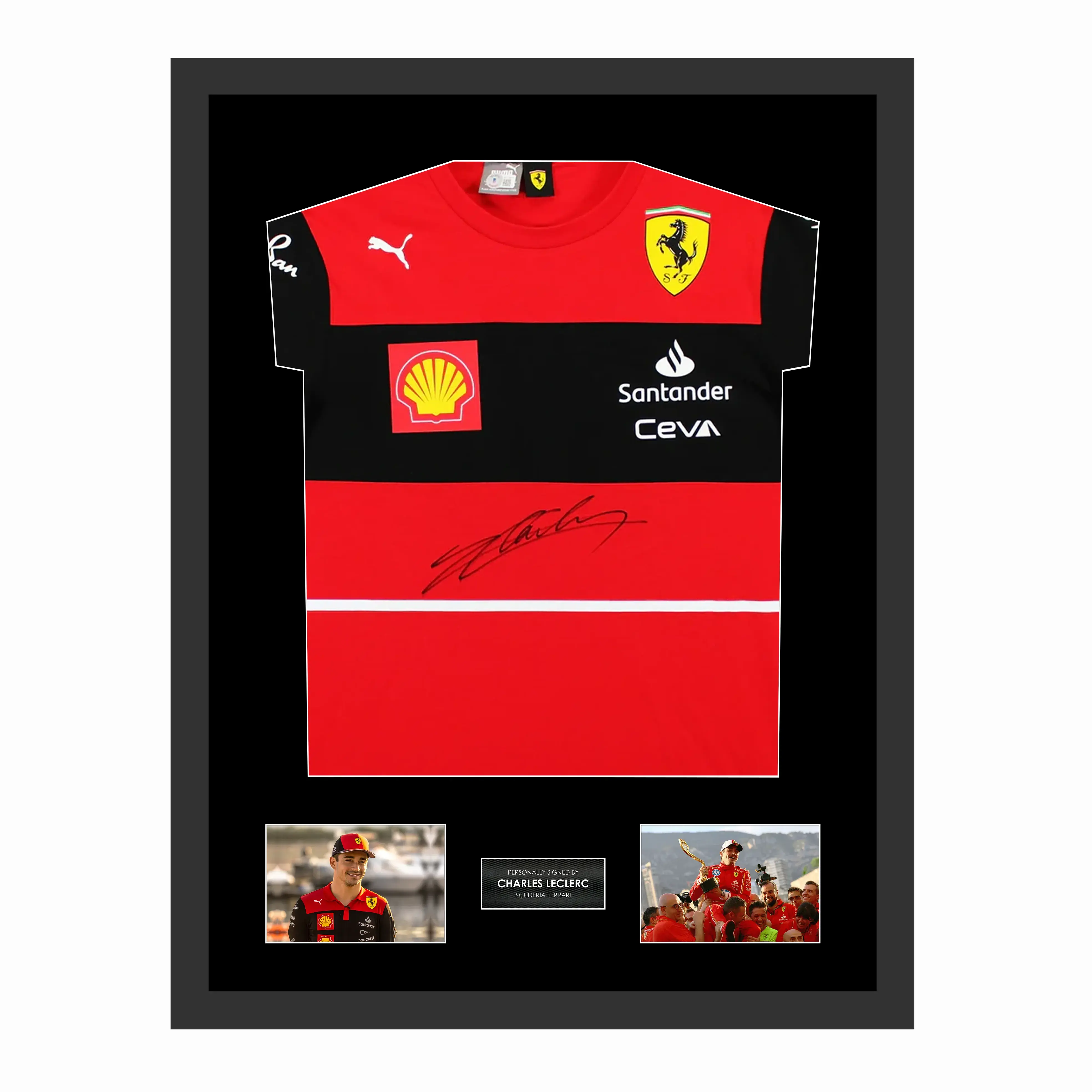 Maillot F1 Formule 1 Scuderia Ferrari 2022 signé par Charles Leclerc et encadré