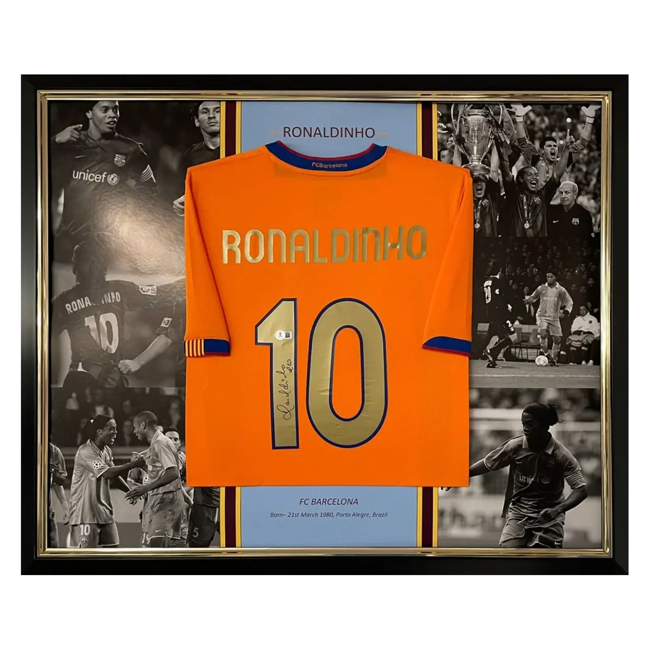Maillot FC Barcelone 2008 third signé par Ronaldinho et encadré
