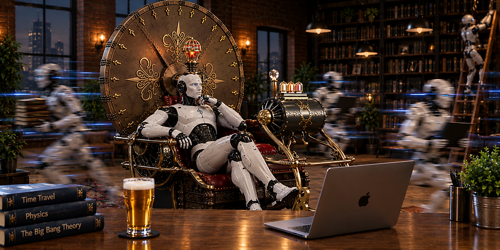 A robot lounges on an ornate throne beside a laptop and a beer while blurred robots rush past in a library