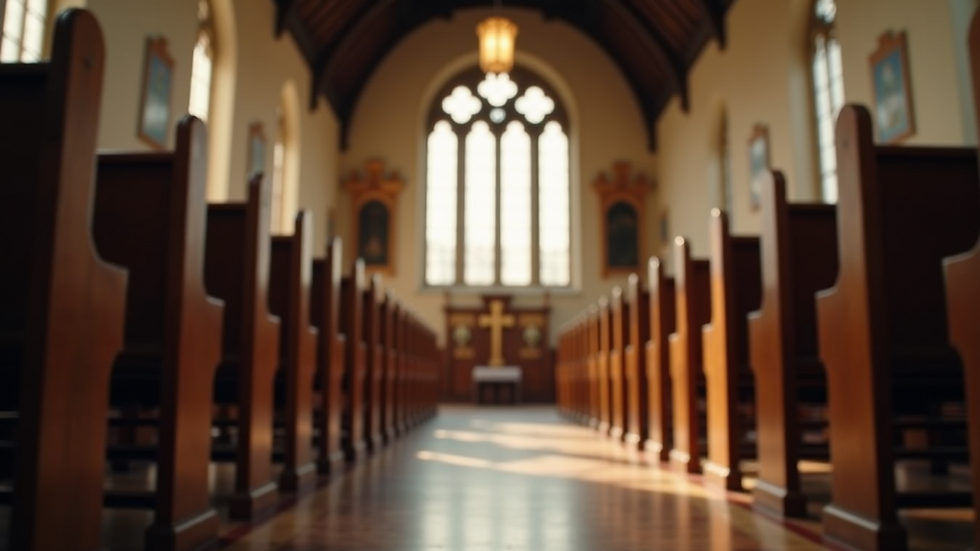 Eye-level view of a serene church interior with wooden pews