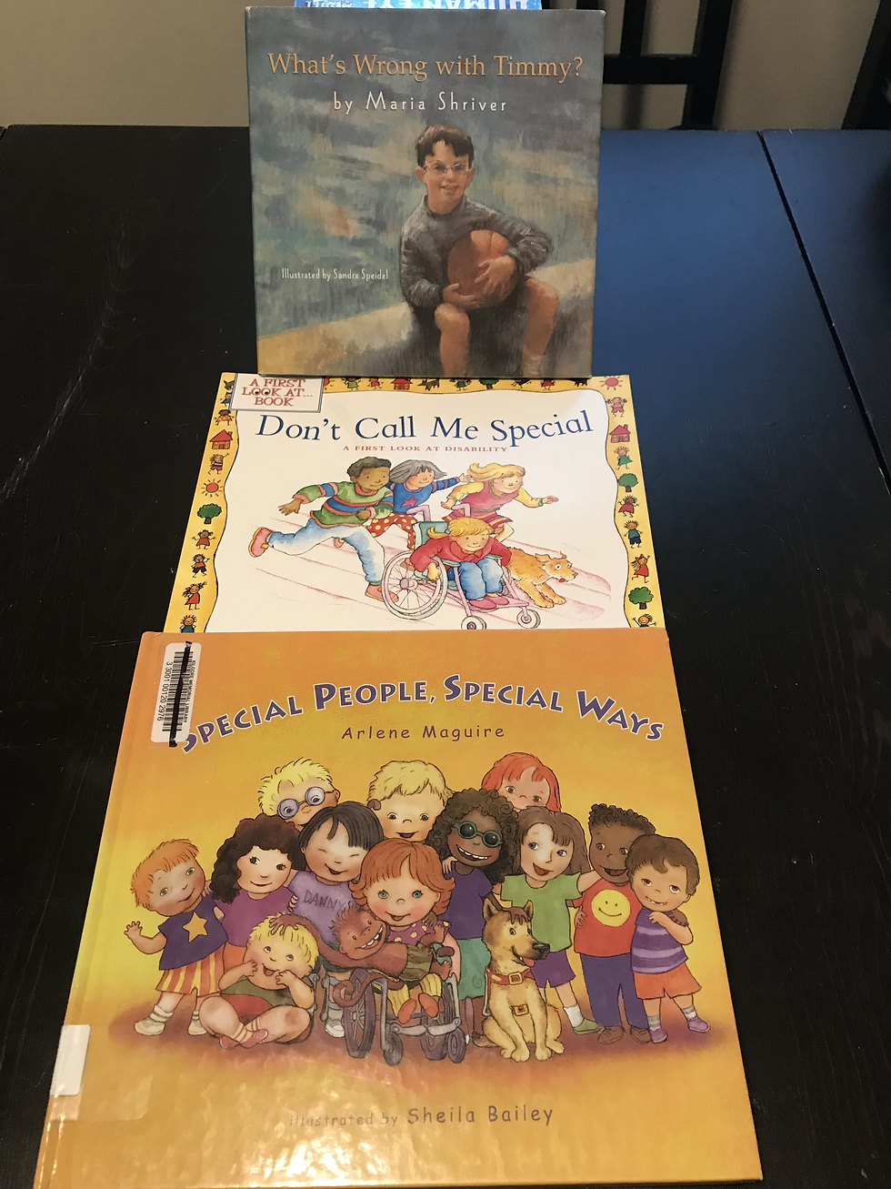 Books: What is wrong with Timmy by Shriver; Don’t call me special by Thomas, Special people special ways by Maguire