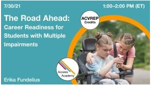 White letters on Teal background with teh webinar information, with a picture of a young girl in a wheelchair admiring a flower