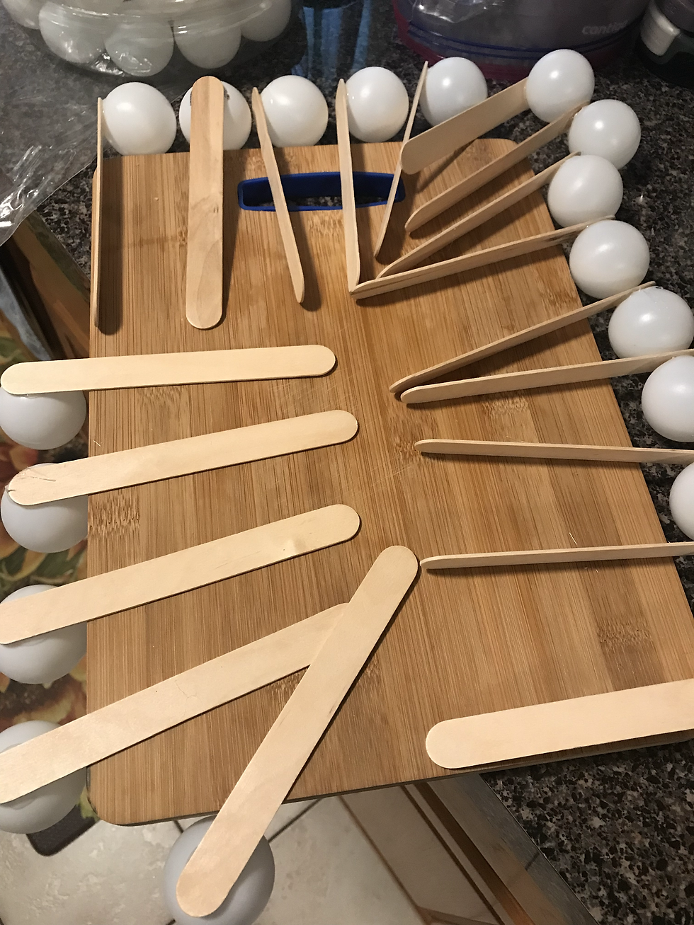 Multiple sticks with ping pong balls on them drying