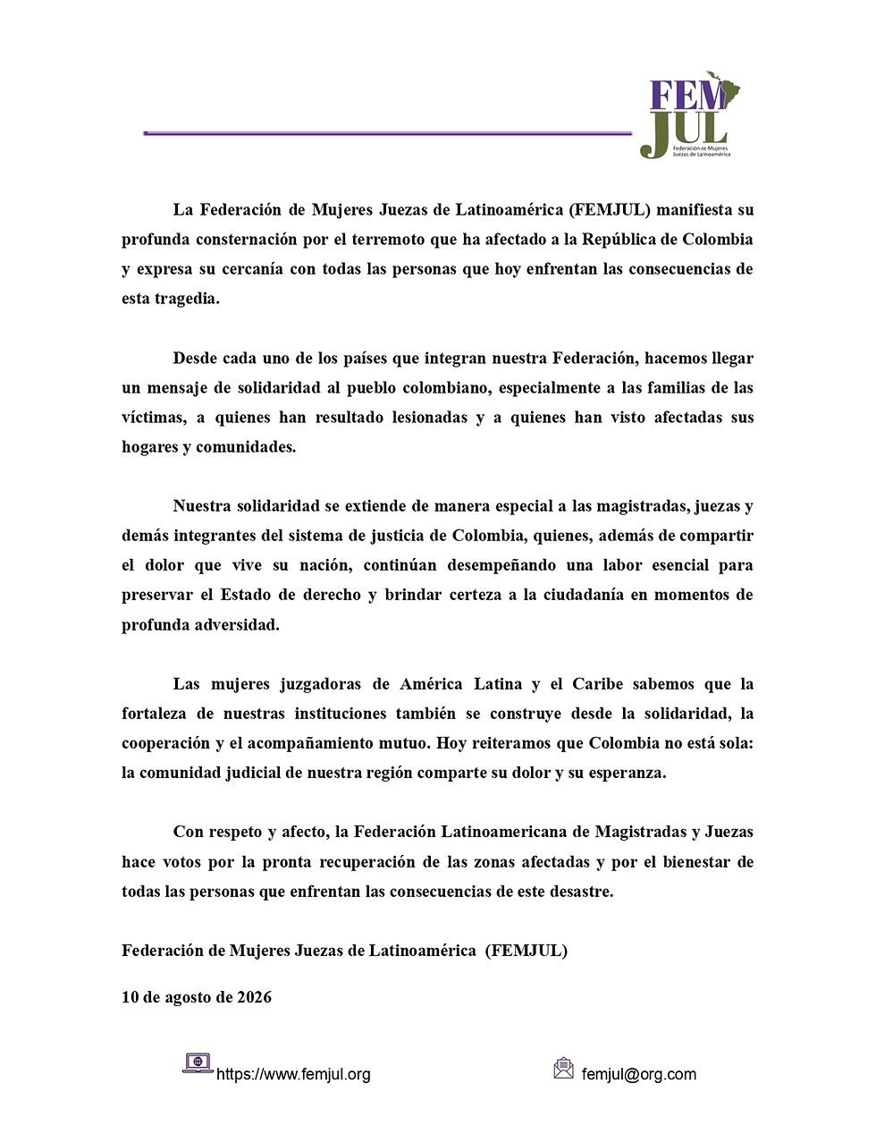 Comunicado de FEMJUL por Colombia