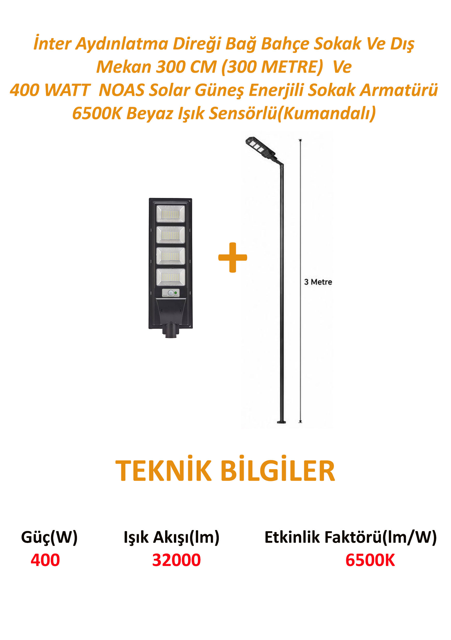 İnter Aydınlatma Direği 3 Metre Ve 400 Watt Noas Solar Lamba