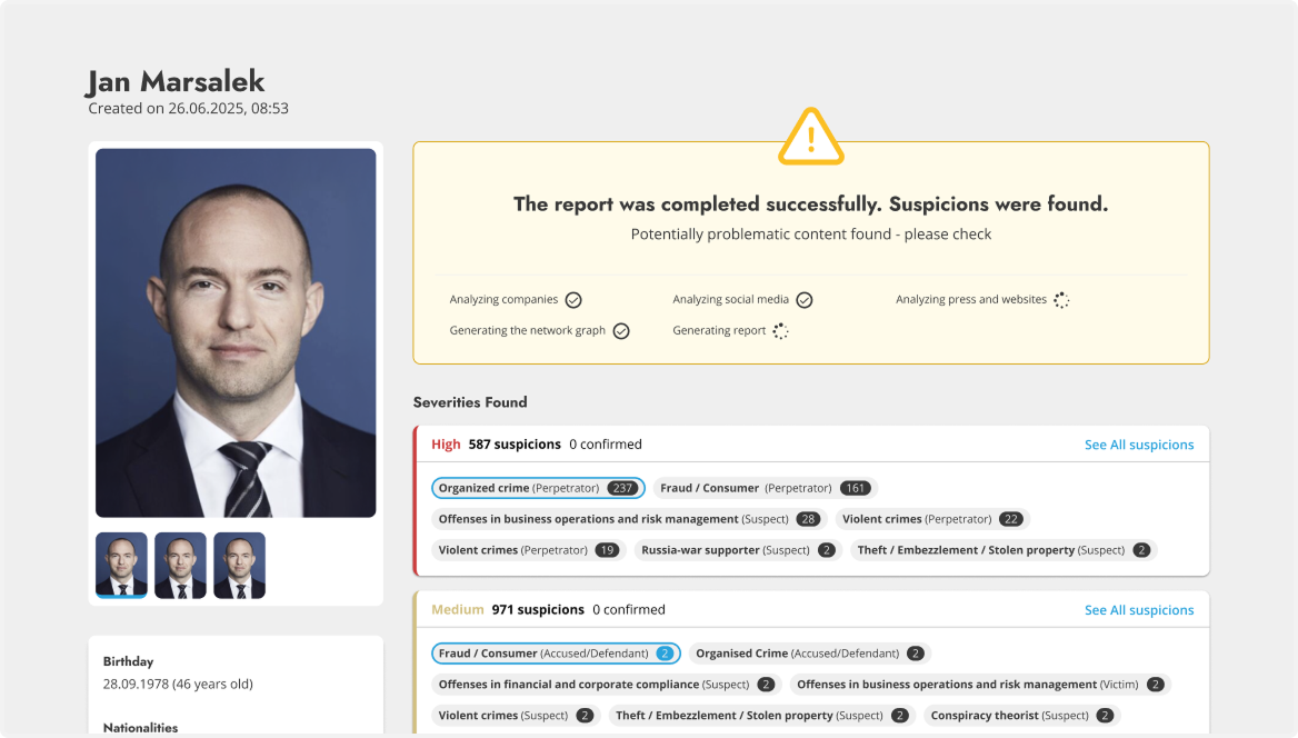Beispiel eines Hintergrundprüfungsberichts mit Risikokategorien und Verdachtsmomenten