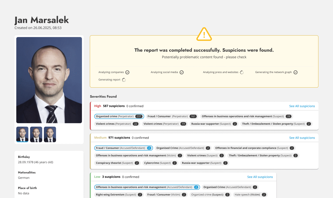 Screenshots der Indicium-Plattform mit den verschiedenen Modulen des Background Checks
