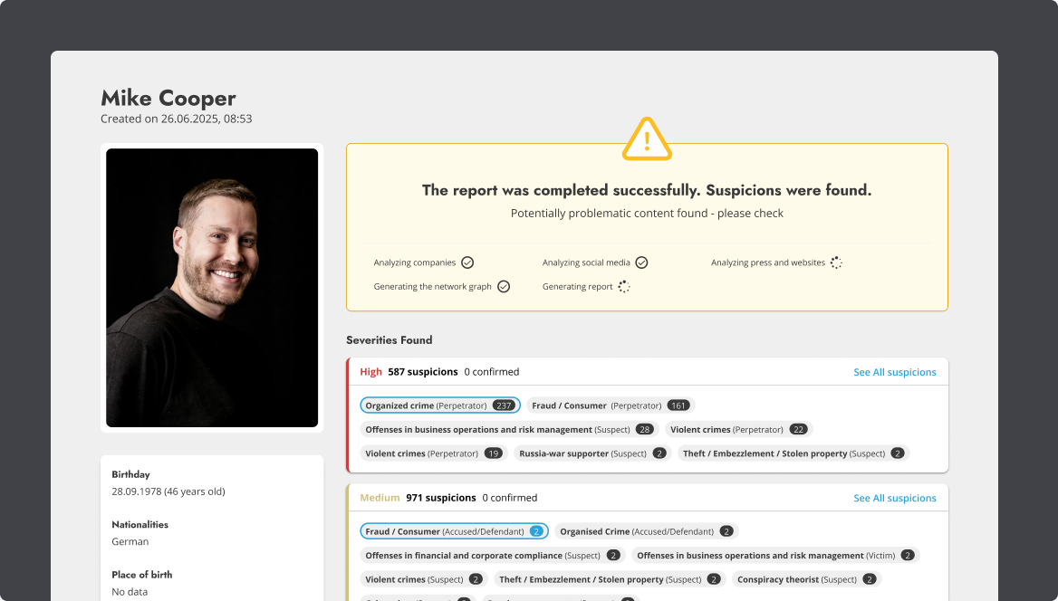 Indicium Background Checks – sample report with warning banner and risk overview.