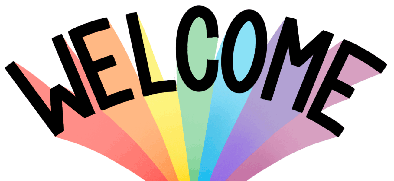 A curved welcome sign with a rainbow trailing behind it