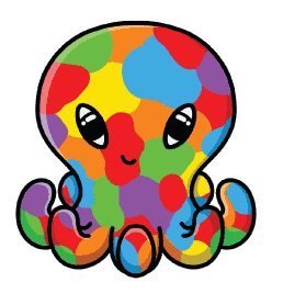 A drawing of the octopus Elliot with a rainbow body