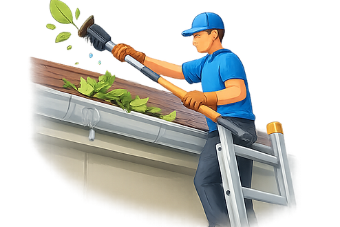 Worker cleaning leaves and debris from house gutters, representing professional gutter cleaning service