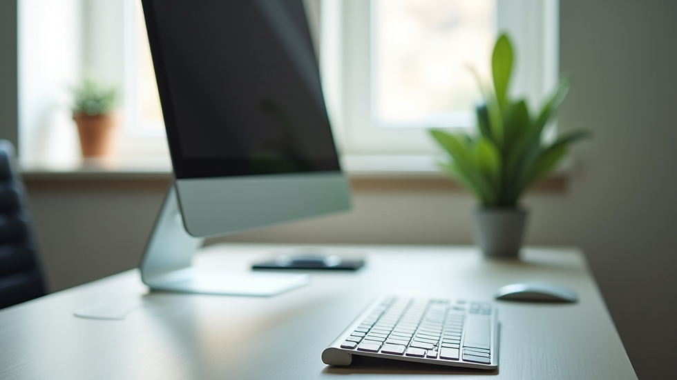 Close-up view of a clean and organized office desk with a computer and plant