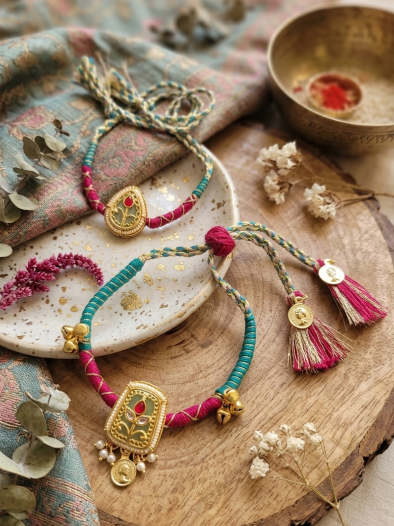 Kundan  Threadweave Bracelet Rakhi Set