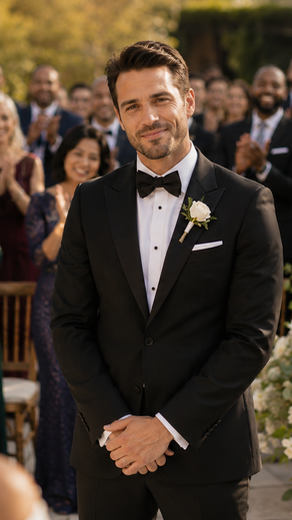 Groom in a perfectly fitted black bespoke tuxedo standing at the altar — William Wilson Clothing custom wedding suits Charlotte NC