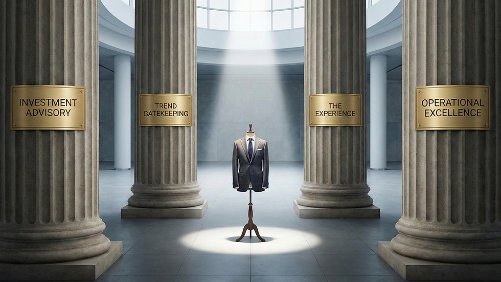 A high-concept architectural image of four massive stone pillars with gold plaques labeled Investment Advisory, Trend Gatekeeping, The Experience, and Operational Excellence, centering on a bespoke suit.