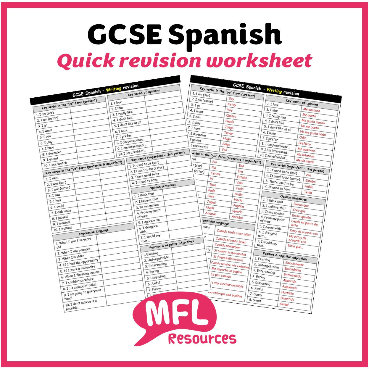 GCSE Spanish - Quick revision worksheet