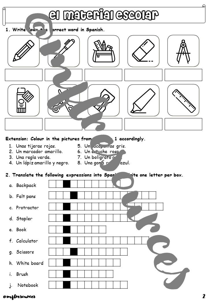 Miniatura: KS3 Spanish - Workbooks by topic - School equipment