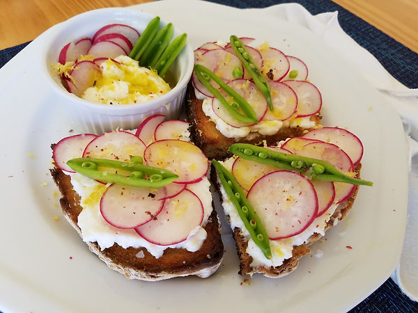 Radish Ricotta Toast with Fresh Snap Peas and Lemon Zest