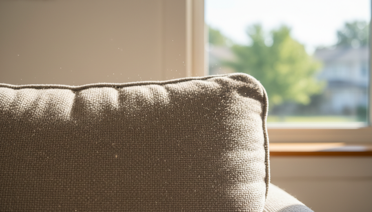 Close-up view of dust on a fabric sofa near a bright window