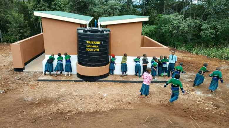Wide view of finished toilet building