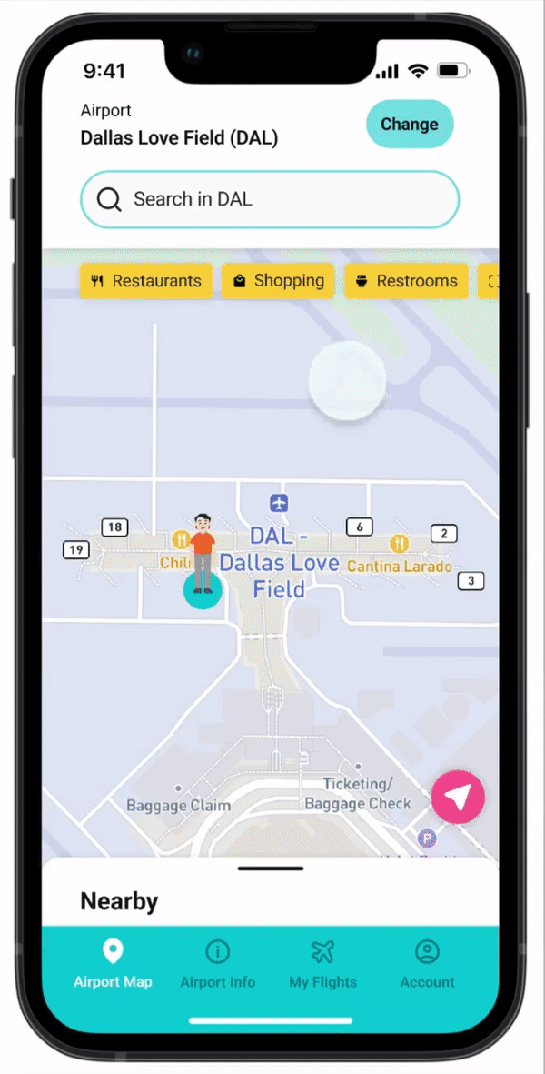 A GIF showing the user flow for choosing a destination, starting a route, and reaching a destination.