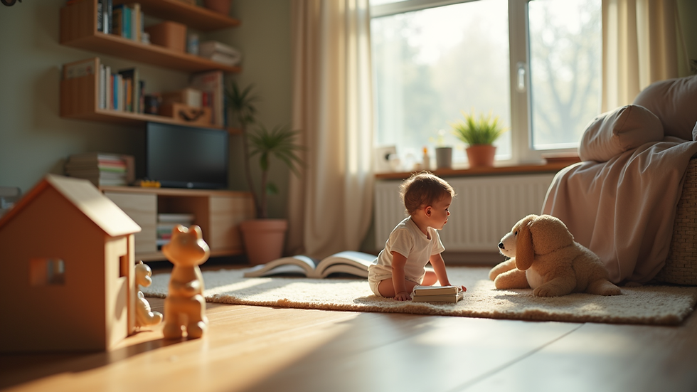 Eye-level view of a cozy living room filled with children's toys and books