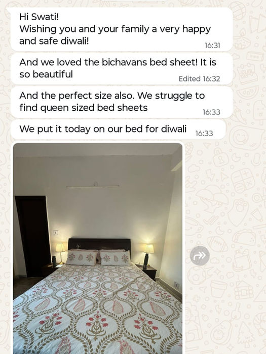WhatsApp chat praising "beautiful bichawana queen-sized bed sheets" in bedroom.