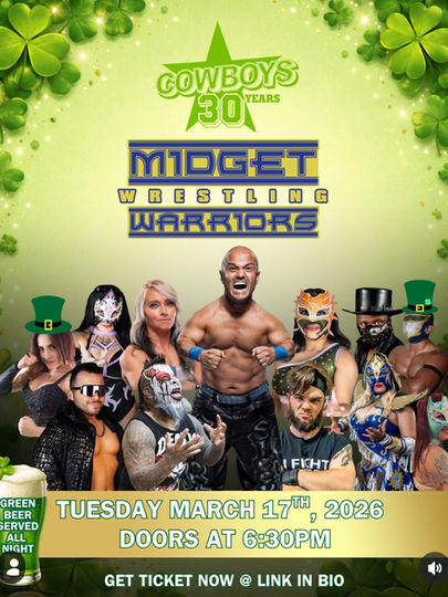 Midget Wrestling Warriors wrestlers on St. Patrick's Day flyer, March 17, 2026.