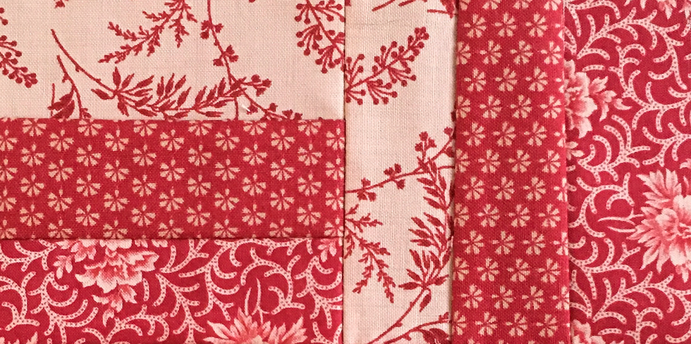 One square made of 3 fabric strips sewn to another square made of 3 fabric strips
