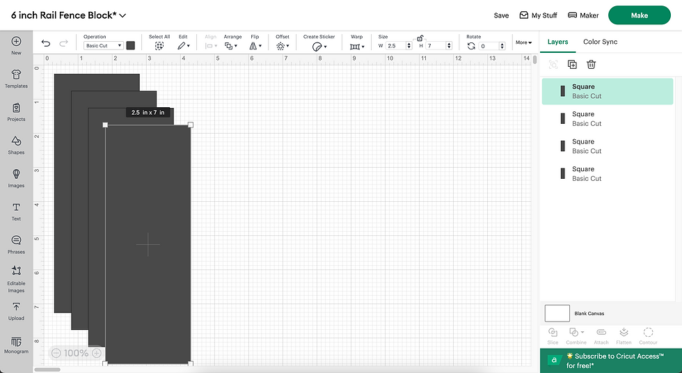 Cricut Design Space Canvas with 4 black rectangles on it.
